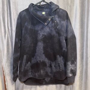 Green Tea Fleece Pullover Sweatshirt Women's L Black Gray Tie Dye Mock Neck